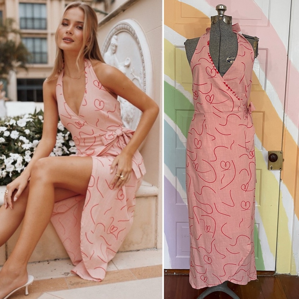 Petal & Pup Abigail Wrap Halter Midi Dress Pink Heart Print Lovers - Sz L 🧡🎀